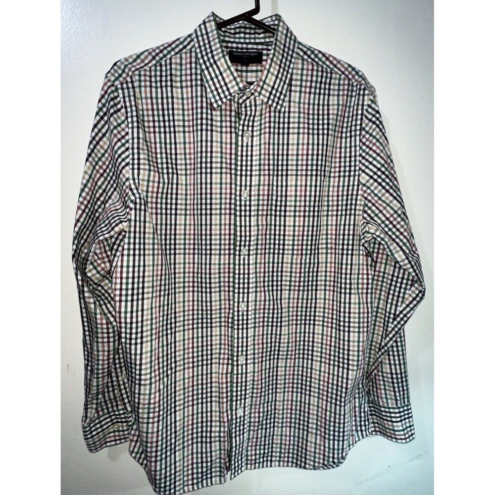 BANANA REPUBLIC Men’s Dress Shirt No Iron Slim Fit Large Brown Green White Plaid